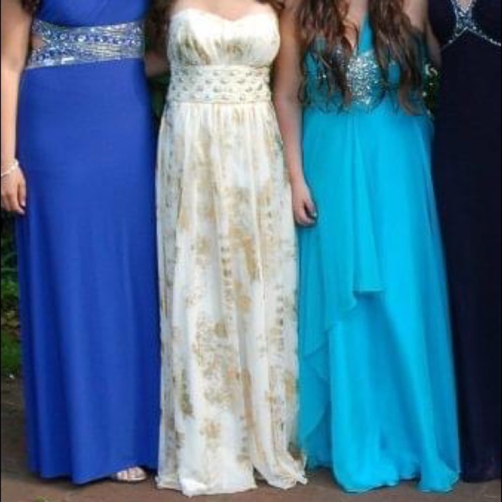 Long gold strapless prom dress